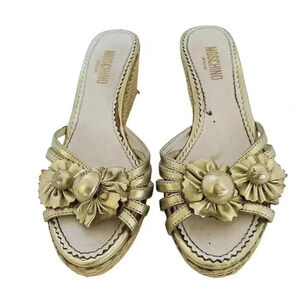 Moschino Gold Flower Platform Wedge Sandals Wicker Women's Size 7